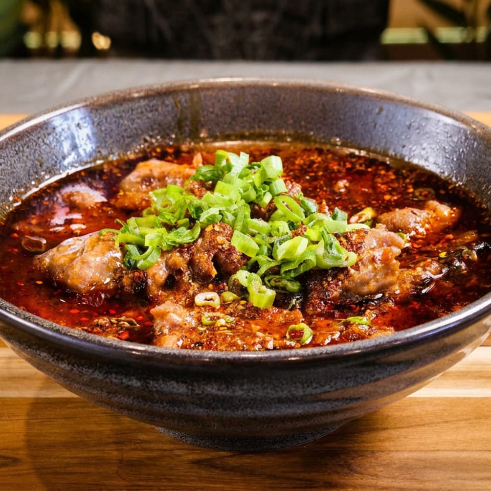 Bowl of spicy red broth with tender meat, chili oil, and chopped green onions on a wooden table.