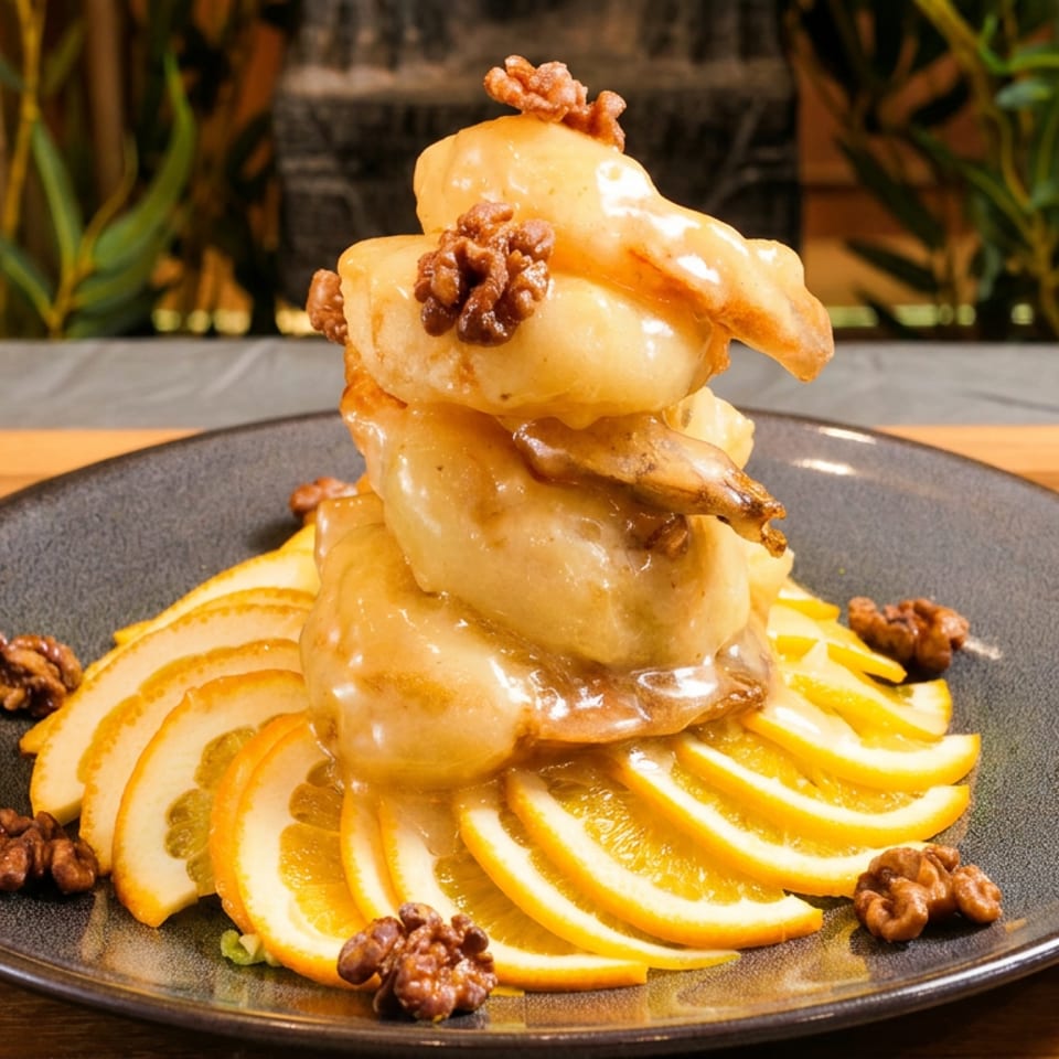 Honey walnut shrimp tower on a bed of orange slices, garnished with walnuts.