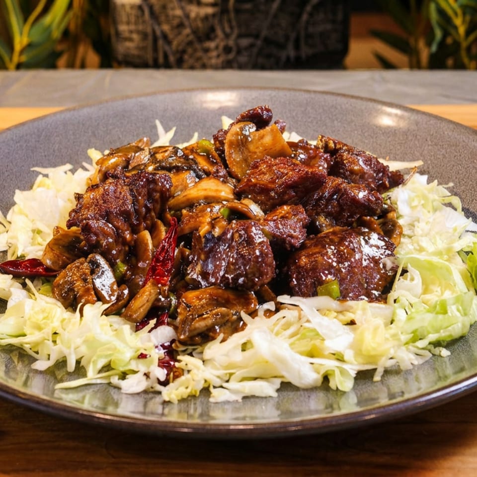 Savory beef and mushroom stir-fry with dried chilies, served on a bed of shredded cabbage.